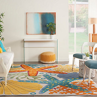 Roll out your own little slice of the beach life with this coastal indoor/outdoor area rug from the aloha collection. Breezy starfish, sea shells, and undersea bubbles woven in vibrant multicolor sets a foundation for festive days on your patio, deck, or anywhere inside your home. Expertly machine made of premium, stain resistant fibers, this aloha area rug offers durability and ease of cleaning (just rinse with a hose and air dry).Serged edges | Premium stain-resistant fibers for durability and easy cleaning | Combination weave | Machine made from easy-care fibers | Power-loomed | Low shedding | Recommended for areas with heavy foot traffic | Indoor/outdoor | Adding a layer of padding helps cushion the rug and diminish pressure, helping to prolong the rug's life; also, the extra padding helps reduce sound in the room | Rug pad recommended | Vacuum regularly, clean spills immediately by blotting with a clean damp sponge or cloth; rinse with a hose if cleaning it outdoors; to extend the life of this area rug, bring it indoors during extreme weather | 100% polypropylene | Imported