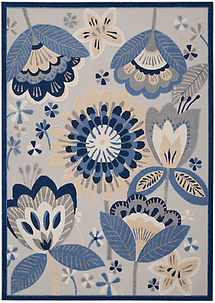 Uplift your surroundings in style with the fun, oversized florals of this indoor/outdoor rug from the aloha collection. A palette of cool blue, neutral ivory, gray, and white are framed by a navy border designed to bring bold definition to your porch, patio, or indoor decor. Expertly machine made of premium, stain resistant fibers, this aloha area rug offers durability and ease of cleaning (just rinse with a hose and air dry).Serged edges | Premium stain-resistant fibers for durability and easy cleaning | Combination weave | Machine made from easy-care fibers | Power-loomed | Low shedding | Recommended for areas with heavy foot traffic | Indoor/outdoor | Adding a layer of padding helps cushion the rug and diminish pressure, helping to prolong the rug's life; also, the extra padding helps reduce sound in the room | Rug pad recommended | Vacuum regularly, clean spills immediately by blotting with a clean damp sponge or cloth; rinse with a hose if cleaning it outdoors; to extend the life of this area rug, bring it indoors during extreme weather | 100% polypropylene | Imported