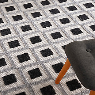 Introduce texture and pattern to your porch or deck with ease with this indoor/outdoor rug from the aloha collection. Simple in its sophistication, it features an all-over concentric diamond motif with a simple border in black, white, and gray tones that work beautifully in modern and contemporary settings. Premium, stain resistant fibers offer durability and ease of cleaning (just rinse with a hose and air dry).Serged edges | Premium stain-resistant fibers for durability and easy cleaning | Combination weave | Machine made from easy-care fibers | Power-loomed | Low shedding | Recommended for areas with heavy foot traffic | Indoor/outdoor | Adding a layer of padding helps cushion the rug and diminish pressure, helping to prolong the rug's life; also, the extra padding helps reduce sound in the room | Rug pad recommended | Vacuum regularly, clean spills immediately by blotting with a clean damp sponge or cloth; rinse with a hose if cleaning it outdoors; to extend the life of this area rug, bring it indoors during extreme weather | 100% polypropylene | Imported