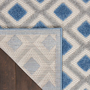 Introduce texture and pattern to your porch or deck with ease with this indoor/outdoor rug from the aloha collection. Simple in its sophistication, it features an all-over concentric diamond motif with a simple border in gray, blue, and ivory tones that work beautifully in modern and contemporary settings. Premium, stain resistant fibers offer durability and ease of cleaning (just rinse with a hose and air dry).Serged edges | Premium stain-resistant fibers for durability and easy cleaning | Combination weave | Machine made from easy-care fibers | Power-loomed | Low shedding | Recommended for areas with heavy foot traffic | Indoor/outdoor | Adding a layer of padding helps cushion the rug and diminish pressure, helping to prolong the rug's life; also, the extra padding helps reduce sound in the room | Rug pad recommended | Vacuum regularly, clean spills immediately by blotting with a clean damp sponge or cloth; rinse with a hose if cleaning it outdoors; to extend the life of this area rug, bring it indoors during extreme weather | 100% polypropylene | Imported