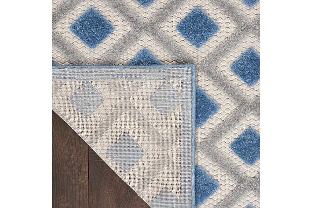 Introduce texture and pattern to your porch or deck with ease with this indoor/outdoor rug from the aloha collection. Simple in its sophistication, it features an all-over concentric diamond motif with a simple border in gray, blue, and ivory tones that work beautifully in modern and contemporary settings. Premium, stain resistant fibers offer durability and ease of cleaning (just rinse with a hose and air dry).Serged edges | Premium stain-resistant fibers for durability and easy cleaning | Combination weave | Machine made from easy-care fibers | Power-loomed | Low shedding | Recommended for areas with heavy foot traffic | Indoor/outdoor | Adding a layer of padding helps cushion the rug and diminish pressure, helping to prolong the rug's life; also, the extra padding helps reduce sound in the room | Rug pad recommended | Vacuum regularly, clean spills immediately by blotting with a clean damp sponge or cloth; rinse with a hose if cleaning it outdoors; to extend the life of this area rug, bring it indoors during extreme weather | 100% polypropylene | Imported