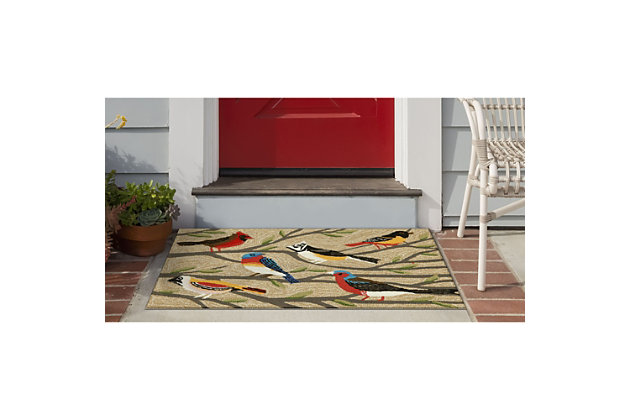 Any nature lover will surely enjoy this Deckside rug's playful, novel design. The richly blended colors will be a great accent to any decor. Hand-hooked with weather-resistant fiber, this rug blends comfort, softness and durability. It's remarkably easy to clean and treated for added fade resistance.Made of polyester | Thin pile (1/4" to 1/2") | Ideal for kitchen, entryway, or outdoors | UV stabilized to prevent fading | Perfect for indoor or outdoor use | Designed by Liora Manne | Easy care and maintenance