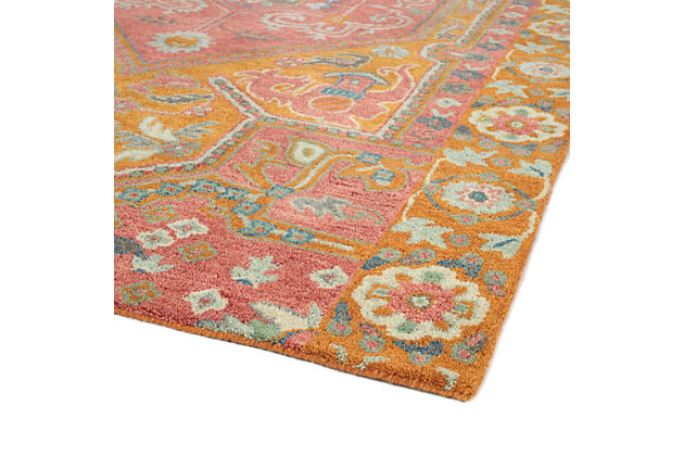 Inspired by the fashion of 16th Century nobility – simple floral shapes and patterns mixed with vibrant colors are found within the rugs that make up our Helena Collection. These gorgeous hand-tufted rugs are produced using hand-dyed 100% imported wool which is then spun into a premium textured yarn. Each of these single pile rugs is then serged by hand and backed with Kaleen’s signature cotton canvas. Kaleen’s hand-tufted rugs are made using 100% imported wool. Due to their thick piles and the way they are constructed, hand-tufted rugs are great to use in heavy traffic areas and will provide beauty for many years to come.Hand tufted in India from 100% Virgin Wool | Residential Indoor Use Only, Flame retardant | Vacuum with no beater bar/rotating brush, Spot clean with mild detergent, Shake to remove dust | Modern, Traditional, Transitional, Southwestern, Global inspired, Textured yarn Cut Pile, Hand serged and Finished | 1 Year Limited Manufacturing Warranty | Due to differences in computer monitors, some rug colors may vary slightly, lengths and widths may vary from the published dimensions, patterns may vary slightly according to shape and size | 100% Wool | Imported | Indoor/outdoor | Imported | 1 year limited manufacturing warranty | Due to differences in computer monitors, some rug colors may vary slightly. Lengths and widths may vary from the published dimensions and patterns may vary slightly according to shape and size.