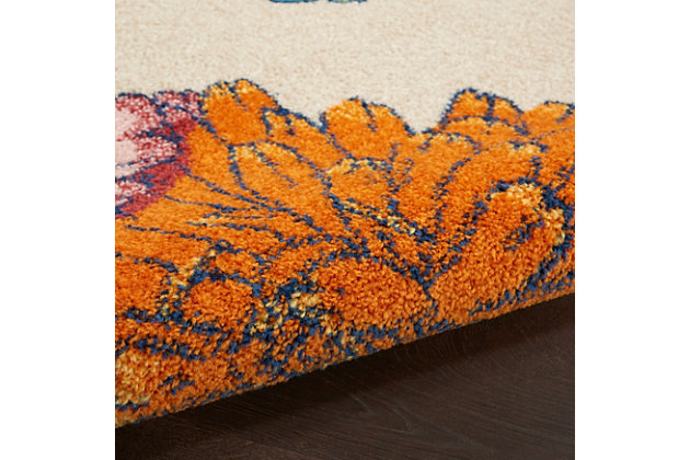 Invite a light and airy vibe to your surroundings with this Allur Collection area rug. In this botanical scene, vibrant orange, pink and turquoise blue floral motifs are woven onto an ivory ground for a lush complement to contemporary settings.Made of polypropylene | Machine made; power loomed | Backed with latex | Serged edges | Low shedding | Low pile | Vacuum regularly; no beater bar | Rug pad recommended | Imported