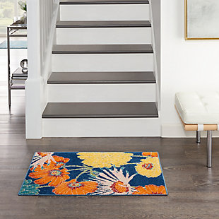 Invite a light and airy vibe to your surroundings with this Allur Collection area rug. In this botanical scene, vibrant orange, yellow, ivory and turquoise blue floral motifs are woven onto a navy blue ground for a lush complement to contemporary settings.Made of polypropylene | Machine made; power loomed | Backed with latex | Serged edges | Low shedding | Low pile | Vacuum regularly; no beater bar | Rug pad recommended | Imported