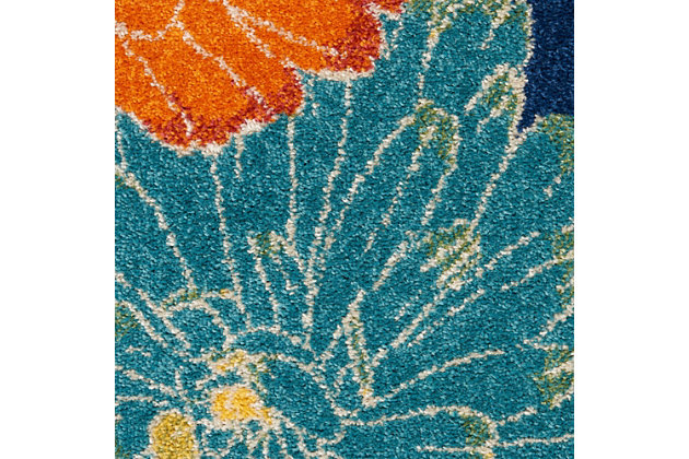 Invite a light and airy vibe to your surroundings with this Allur Collection area rug. In this botanical scene, vibrant orange, yellow, ivory and turquoise blue floral motifs are woven onto a navy blue ground for a lush complement to contemporary settings.Made of polypropylene | Machine made; power loomed | Backed with latex | Serged edges | Low shedding | Low pile | Vacuum regularly; no beater bar | Rug pad recommended | Imported