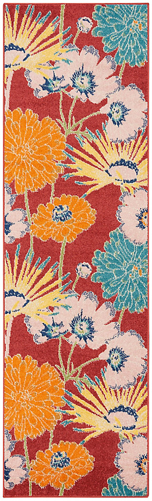 Invite a light and airy vibe to your surroundings with this Allur Collection runner rug. In this botanical scene, vibrant orange, yellow, ivory and turquoise blue floral motifs are woven onto a brick red ground for a lush complement to contemporary settings.Made of polypropylene | Machine made; power loomed | Backed with latex | Serged edges | Low shedding | Low pile | Vacuum regularly; no beater bar | Rug pad recommended | Imported