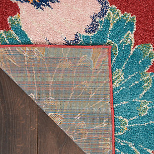 Invite a light and airy vibe to your surroundings with this Allur Collection runner rug. In this botanical scene, vibrant orange, yellow, ivory and turquoise blue floral motifs are woven onto a brick red ground for a lush complement to contemporary settings.Made of polypropylene | Machine made; power loomed | Backed with latex | Serged edges | Low shedding | Low pile | Vacuum regularly; no beater bar | Rug pad recommended | Imported