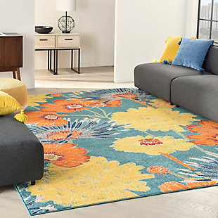 Invite a light and airy vibe to your surroundings with this Allur Collection area rug. In this botanical scene, vibrant orange, yellow and navy blue floral motifs are woven onto a turquoise blue ground for a lush complement to contemporary settings.Made of polypropylene | Machine made; power loomed | Backed with latex | Serged edges | Low shedding | Low pile | Vacuum regularly; no beater bar | Rug pad recommended | Imported