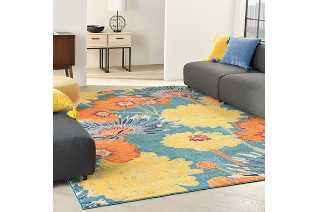 Invite a light and airy vibe to your surroundings with this Allur Collection area rug. In this botanical scene, vibrant orange, yellow and navy blue floral motifs are woven onto a turquoise blue ground for a lush complement to contemporary settings.Made of polypropylene | Machine made; power loomed | Backed with latex | Serged edges | Low shedding | Low pile | Vacuum regularly; no beater bar | Rug pad recommended | Imported