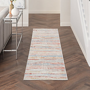 Earthen tones in abstract irregular stripes create an irresistibly chic foundation for your living room, bedroom or home office. Whether your design tastes are minimalistic or a little more rustic glam, this neutral ivory and gray multicolor runner rug from the Elation Collection is just what you need to bring the disparate elements of your room together.Made of polypropylene and polyester | Machine made; power loomed | Backed with latex | Serged edges | Low shedding | Low pile | Vacuum regularly; no beater bar | Rug pad recommended | Imported