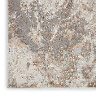 With its marble-like patterns, this Elation Collection area rug adds natural beauty to your surroundings. Swirls of ivory, gray and beige hues create a unique accent in modern and contemporary environments. It's ideal for use in your living room, bedroom, dining room or any area that needs an instant style boost.Made of polypropylene and polyester | Machine made; power loomed | Backed with latex | Serged edges | Low shedding | Low pile | Vacuum regularly; no beater bar | Rug pad recommended | Imported