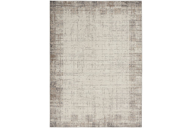 The classic solid border design gets a modern update with this Elation area rug. In gray and ivory hues, the minimalistic crosshatch design adds cool contemporary flair to your living room, bedroom, dining room or home office. It's an ideal choice for high-traffic areas. Made of polypropylene and polyester | Machine made; power loomed | Backed with latex | Serged edges | Low shedding  | Low pile | Vacuum regularly; no beater bar | Rug pad recommended | Imported