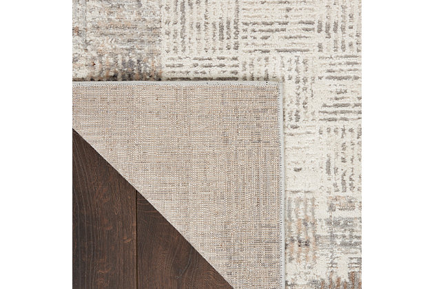 The classic solid border design gets a modern update with this Elation area rug. In gray and ivory hues, the minimalistic crosshatch design adds cool contemporary flair to your living room, bedroom, dining room or home office. It's an ideal choice for high-traffic areas.Made of polypropylene and polyester | Machine made; power loomed | Backed with latex | Serged edges | Low shedding | Low pile | Vacuum regularly; no beater bar | Rug pad recommended | Imported