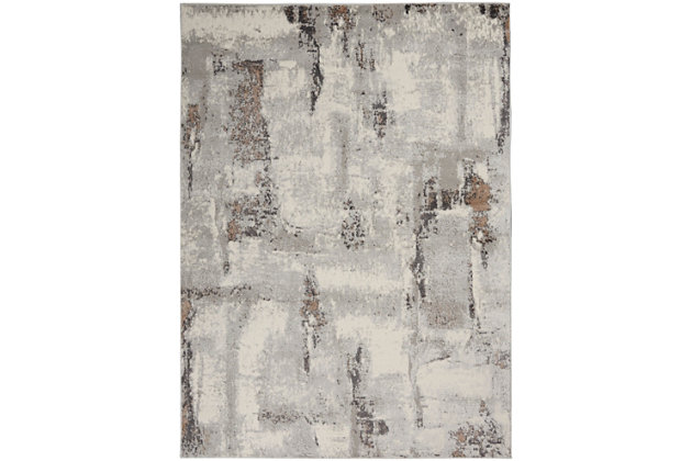 Ultra-modern art for your floors, this Elation area rug is just what you need to elevate your surroundings. Bold strokes of gray, ivory and brick red evoke a sophisticated aura designed to command attention in contemporary settings. It’s an ideal foundation for your living room, bedroom, dining room, hallway or home office.Made of polypropylene and polyester | Machine made; power loomed | Backed with latex | Serged edges | Low shedding | Low pile | Vacuum regularly; no beater bar | Rug pad recommended | Imported