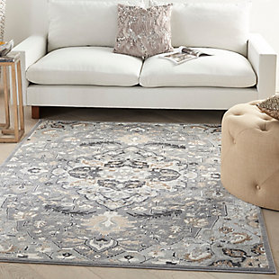 Create a welcoming environment in your living room, bedroom, dining room or home office with this Elation Collection area rug. A Persian-inspired floral medallion in multi-tonal gray and beige hues adds a soft and elegant vibe to boho-chic, farmhouse and contemporary decor.Made of polypropylene and polyester | Machine made; power loomed | Backed with latex | Serged edges | Low shedding | Low pile | Vacuum regularly; no beater bar | Rug pad recommended | Imported