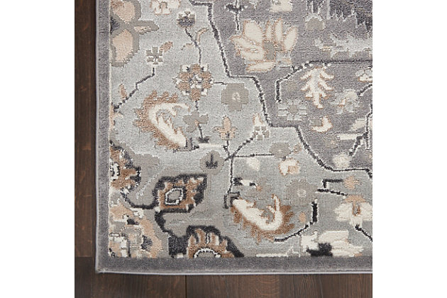 Create a welcoming environment in your living room, bedroom, dining room or home office with this Elation Collection area rug. A Persian-inspired floral medallion in multi-tonal gray and beige hues adds a soft and elegant vibe to boho-chic, farmhouse and contemporary decor.Made of polypropylene and polyester | Machine made; power loomed | Backed with latex | Serged edges | Low shedding | Low pile | Vacuum regularly; no beater bar | Rug pad recommended | Imported