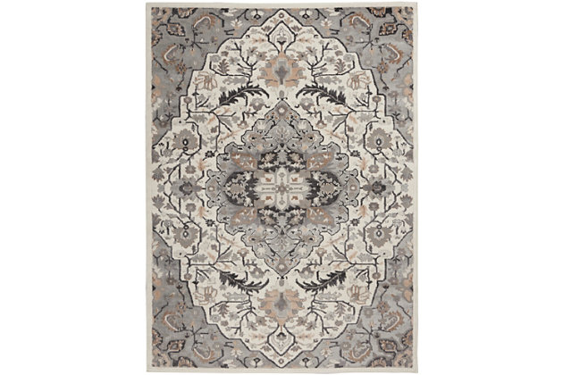 A stunning floral center medallion in soft ivory and brick red tones makes this Elation area rug a sophisticated foundation for modern farmhouse, boho-chic and French country settings. The vintage-inspired design is ideal for use in your living room, bedroom, dining room or any area that needs an instant style boost.Made of polypropylene and polyester | Machine made; power loomed | Backed with latex | Serged edges | Low shedding | Low pile | Vacuum regularly; no beater bar | Rug pad recommended | Imported