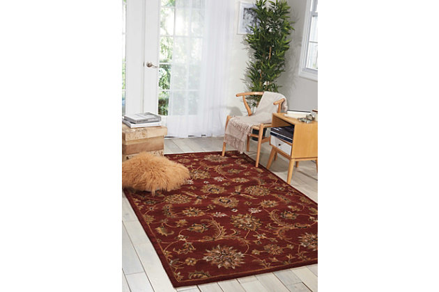 A narrow, linear border gives a new, modern feeling to Persian heritage in this sumptuous rug. Floral motifs and airy ferns dance to the very edge, filling the room with visual interest. A compelling design element for the contemporary home.
Made of wool | Handcrafted | Backed with cotton | Moderate shedding  | Tufted | Vacuum regularly; spot clean; professional cleaning recommended  | Rug pad recommended | Imported