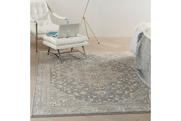 The silvery gray sheen of this lovely Persian-style, center medallion Grand Villa rug from kathy ireland® Home makes it a focal point in any favorite room. The intricate traditional design, indulgent softness and gently faded surface effect evoke feelings of warmth and elegance. This fabulous rug features an ornamental border.Made of polypropylene and polyester | Machine made; power loomed | Backed with latex | Serged edges | Low pile | Low shedding | Vacuum regularly; no beater bar | Rug pad recommended | Imported