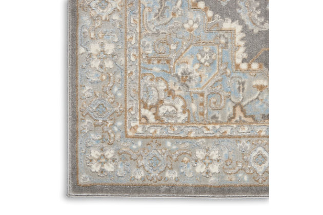 The silvery gray sheen of this lovely Persian-style, center medallion Grand Villa rug from kathy ireland® Home makes it a focal point in any favorite room. The intricate traditional design, indulgent softness and gently faded surface effect evoke feelings of warmth and elegance. This fabulous rug features an ornamental border.Made of polypropylene and polyester | Machine made; power loomed | Backed with latex | Serged edges | Low pile | Low shedding | Vacuum regularly; no beater bar | Rug pad recommended | Imported