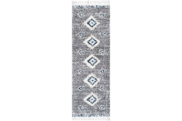 Step into comfort with the luxuriously soft and fluffy texture of this rug that simply has it all. You are sure to enjoy its contemporary style, plush pile, and braided tassel edges. The perfect addition to any space in your home that needs a touch of style and comfort, you may just find yourself relaxing directly on this rug. Machine-made of polypropylene to ensure durability and ease of care.100% polypropylene | High pile (1.5") | Step into comfort with the soft and fluffy texture of a shag rug | The perfect cozy rug for your bedroom, living room, or hallway | A neutral color palette with pops of blue make this rug fun and unique | Fresh and of the moment, this contemporary rug adds the right amount of chic to your space | Includes 3" braided tassels on both ends | Imported