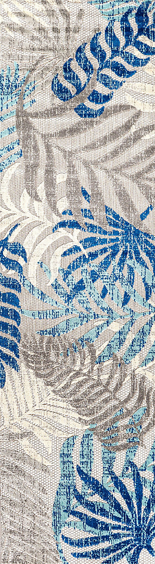 JONATHAN Y Tropics Palm Leaves Outdoor 2' x 10' Runner Rug, Gray/Blue, rollover
