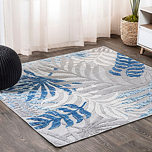 JONATHAN Y Tropics Palm Leaves Outdoor 6' Square Area Rug, Gray/Blue, large