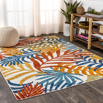 JONATHAN Y Tropics Palm Leaves Outdoor 5' x 8' Area Rug, Cream/Orange, large