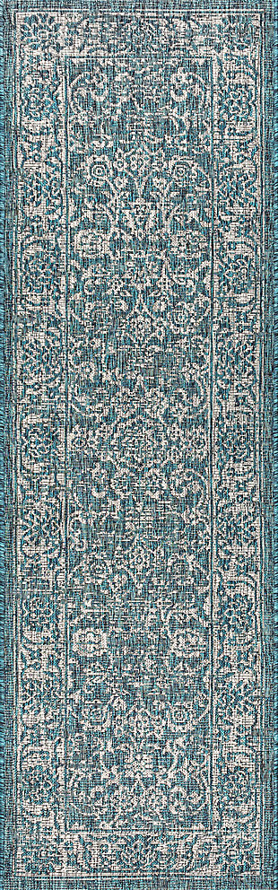 JONATHAN Y Tela Bohemian Textured Weave Floral Outdoor 2' x 10' Runner Rug, Teal/Gray, rollover