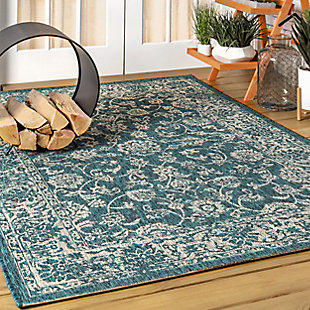 JONATHAN Y Tela Bohemian Textured Weave Floral Outdoor 9' x 12' Area Rug, Teal/Gray, large