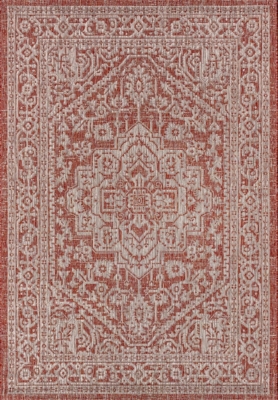JONATHAN Y Sinjuri Medallion Textured Weave Outdoor 5' x 8' Area Rug, Red/Taupe, large