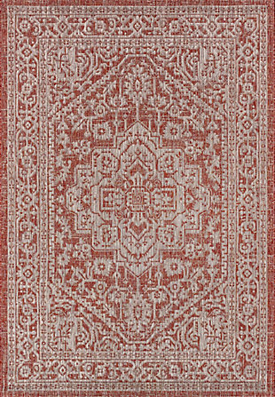 JONATHAN Y Sinjuri Medallion Textured Weave Outdoor 5' x 8' Area Rug, Red/Taupe, rollover