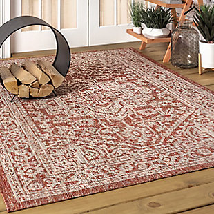 JONATHAN Y Sinjuri Medallion Textured Weave Outdoor 5' x 8' Area Rug, Red/Taupe, large