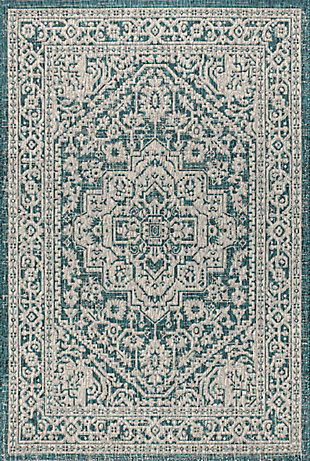 JONATHAN Y Sinjuri Medallion Textured Weave Outdoor 9' x 12' Area Rug, Teal Blue/Gray, rollover