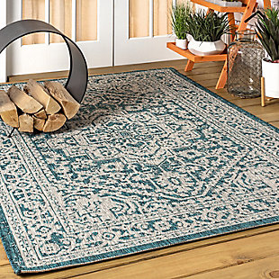 JONATHAN Y Sinjuri Medallion Textured Weave Outdoor 9' x 12' Area Rug, Teal Blue/Gray, large