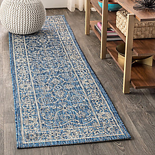 JONATHAN Y Palazzo Vine and Border Textured Weave Outdoor 2' x 10' Runner Rug, Navy/Gray, large