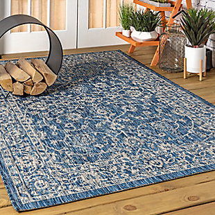 JONATHAN Y Palazzo Vine and Border Textured Weave Outdoor 9' x 12' Area Rug, Navy/Gray, large