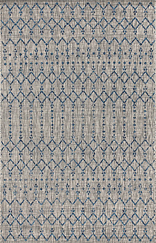 JONATHAN Y Ourika Moroccan Geometric Textured Weave Outdoor 5' x 8' Area Rug, Light Gray/Navy, rollover