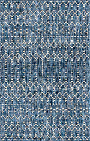 JONATHAN Y Ourika Moroccan Geometric Textured Weave Outdoor 9' x 12' Area Rug, Navy/Light Gray, rollover