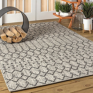 JONATHAN Y Ourika Moroccan Geometric Textured Weave Outdoor 9' x 12' Area Rug, Light Gray/Black, large