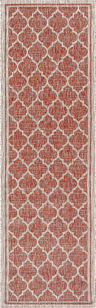 JONATHAN Y Trebol Moroccan Trellis Textured Weave Outdoor 2' x 10' Runner Rug, Red/Beige, rollover