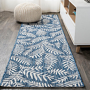 JONATHAN Y Nevis Palm Frond Outdoor 2' x 10' Runner Rug, Navy/Ivory, large
