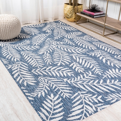 JONATHAN Y Nevis Palm Frond Outdoor 9' x 12' Area Rug, Navy/Ivory, large