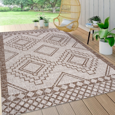 JONATHAN Y Marokko Diamond Tribal Medallion Outdoor 8' x 10' Area Rug, Beige/Brown, large