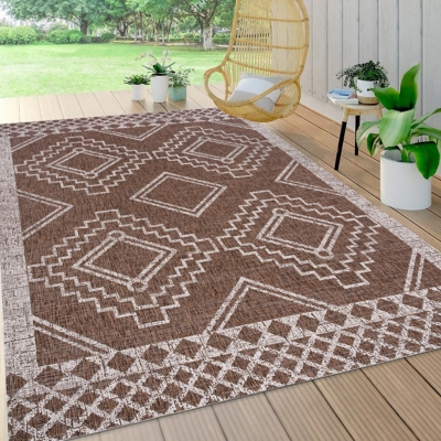 JONATHAN Y Marokko Diamond Tribal Medallion Outdoor 5' x 8' Area Rug, Brown/Beige