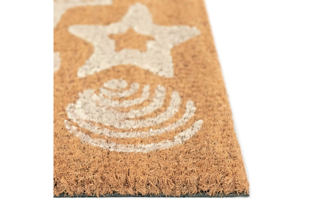 Our Sea Gems mat adds a sophisticated coastal look to your doorstep. This coir utility mat is both stylish and practical, in white. Terrene coir doormats are durable and beautiful. Crafted from 100% coir which is an all-natural material known for its strength. Coir is eco-friendly, made from natural fibers which are extracted from the outer shell of a coconut known for its strength and durability. Terrene coir mats feature a durable vinyl back and a stiff, durable natural coir front perfect for wiping shoes before entering the home, keeping it tidy. They are available in a wide variety of designs ranging from classic and inspirational to nautical patterns. Dyes saturate the fibers for long-lasting color.Easy Care And Maintenance | Designed by Liora Manne | Eco-Friendly | Non Slip