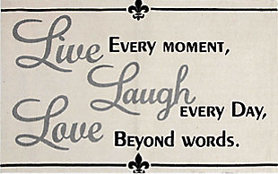 Remind yourself and others to live with laughter and love via this sweet and inspirational printed type accent rug. This black and white accent rug will bring a daily reminder of happiness to your living space. Featuring the words “Live Every Moment, Laugh Every Day, Love Beyond Words,” this neutral accent rug will match a variety of decor.Made of 100% cotton | Handwoven | Medium pile | Rubber backing | Indoor use only | Spot clean | Rug pad recommended | Imported