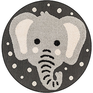 World Needle Kaia Kids Elephant Indoor/Outdoor Round Rug, Black/Gray, large