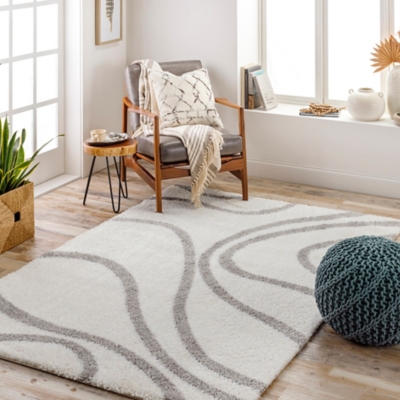 Surya Cloudy Shag 6'7" x 9' Swirl Area Rug, Cream/Gray, rollover